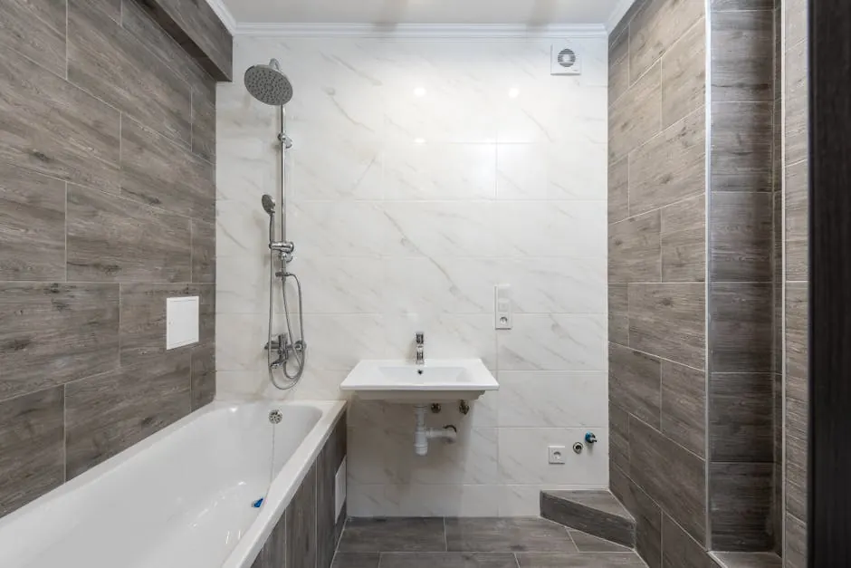 Elegant modern bathroom interior with wooden details and sleek design.
